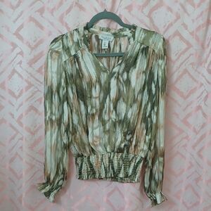 New York & Company Green and Brown Patterned Blouse